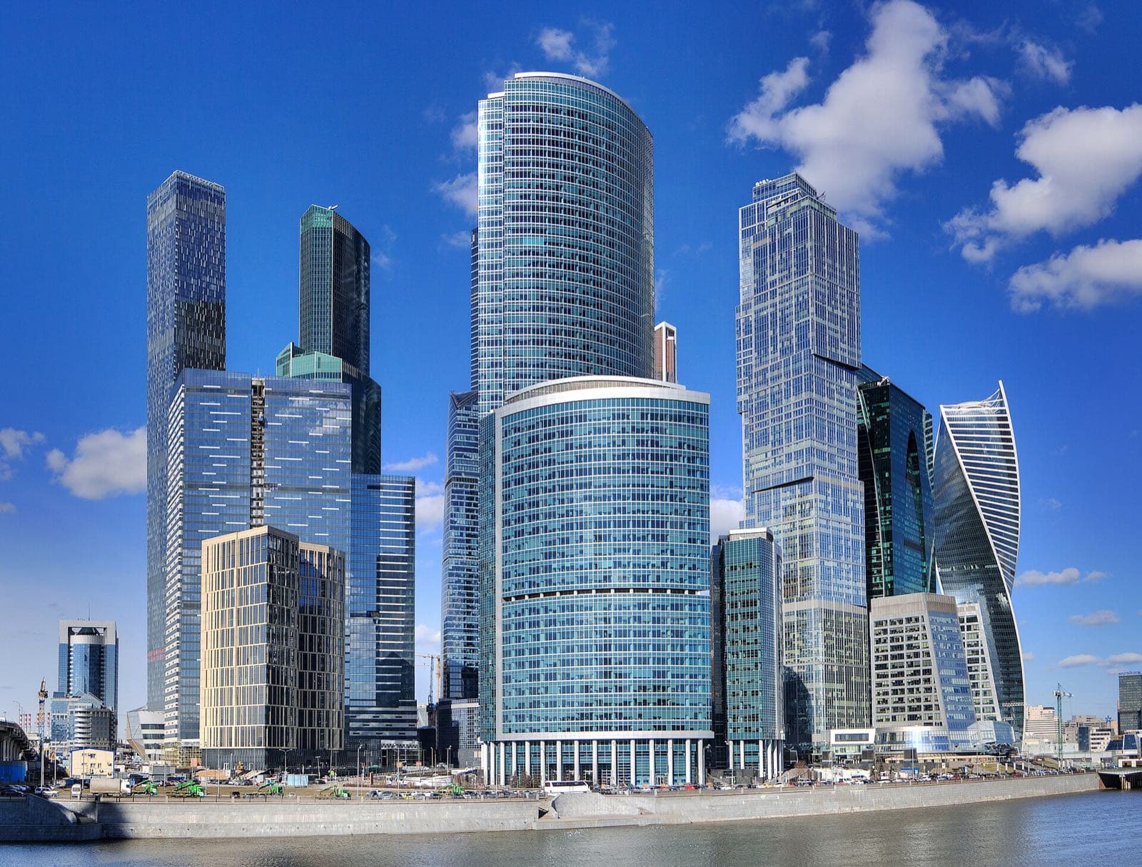 Moscow City business district towers on the Moskva river